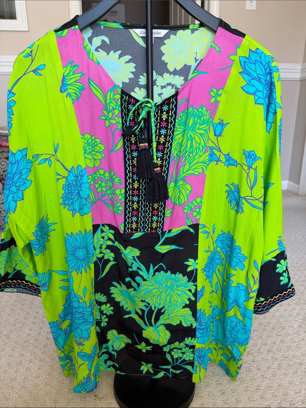 John Mark Lime, Pink & Turquoise Floral Tassel V-Neck Blouse